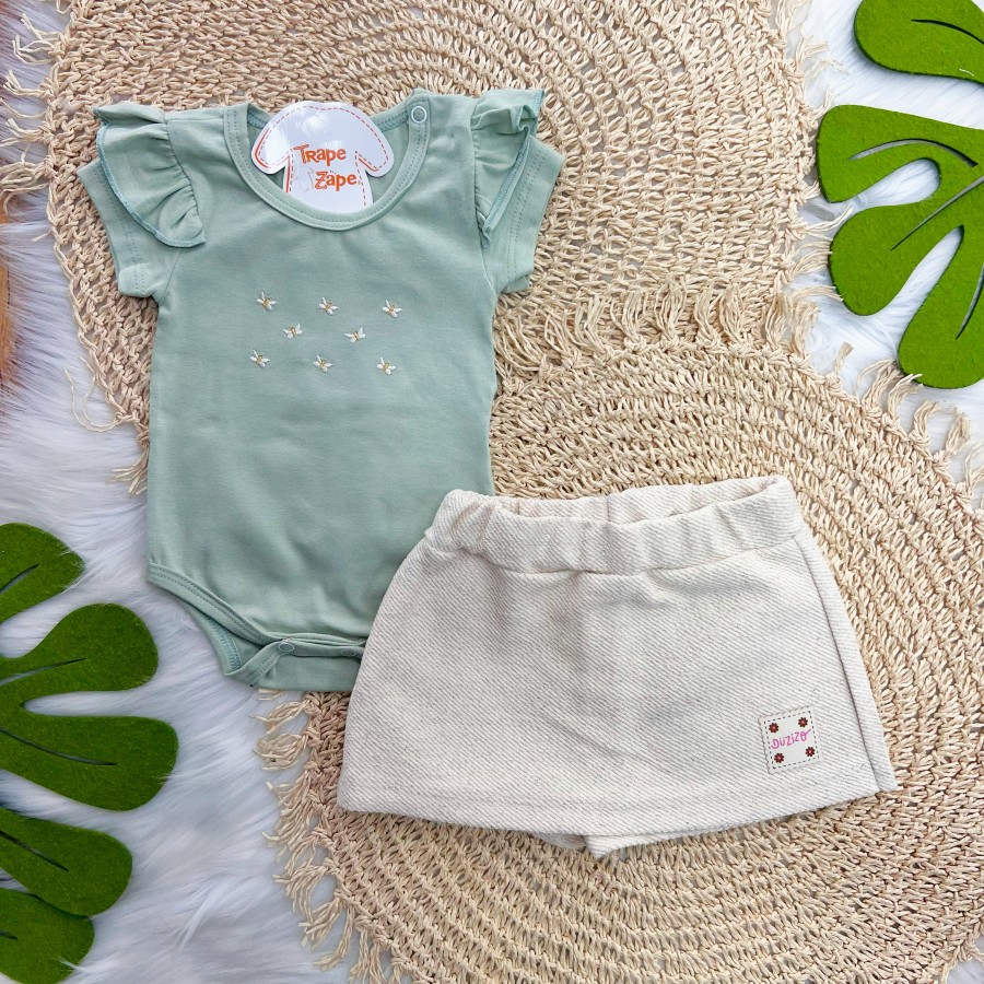  Conj. Body Mini Borboletas e Short Saia em Linho - Verde